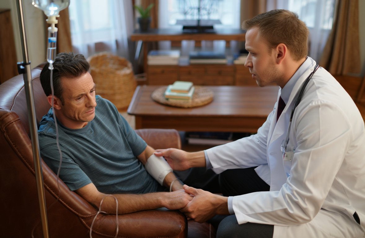 Врач проводит детоксикацию от алкоголя на дому пациенту.